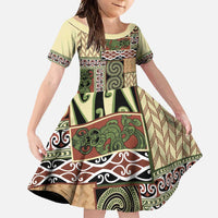 Beige Aotearoa Kowhaiwhai Pattern Family Matching Short Sleeve Bodycon Dress and Hawaiian Shirt NZ Maori Quilt Style LT14 Daughter's Dress Beige - Polynesian Pride
