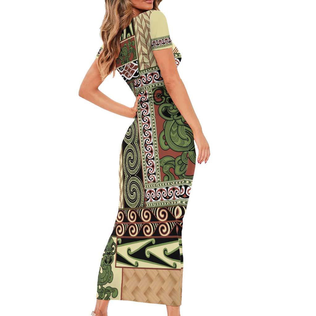 Beige Aotearoa Kowhaiwhai Pattern Family Matching Short Sleeve Bodycon Dress and Hawaiian Shirt NZ Maori Quilt Style LT14 - Polynesian Pride