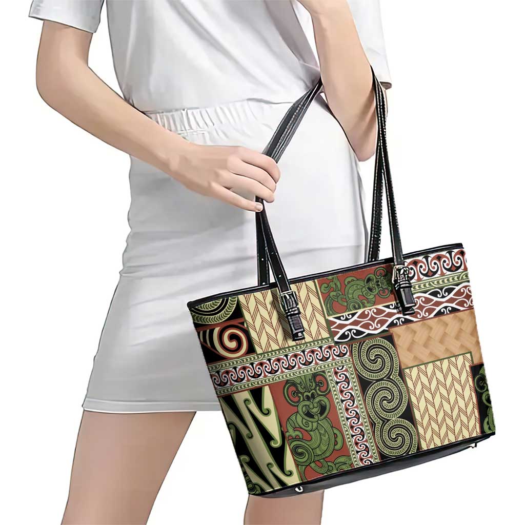 Beige Aotearoa Kowhaiwhai Pattern Leather Tote Bag NZ Maori Quilt Style