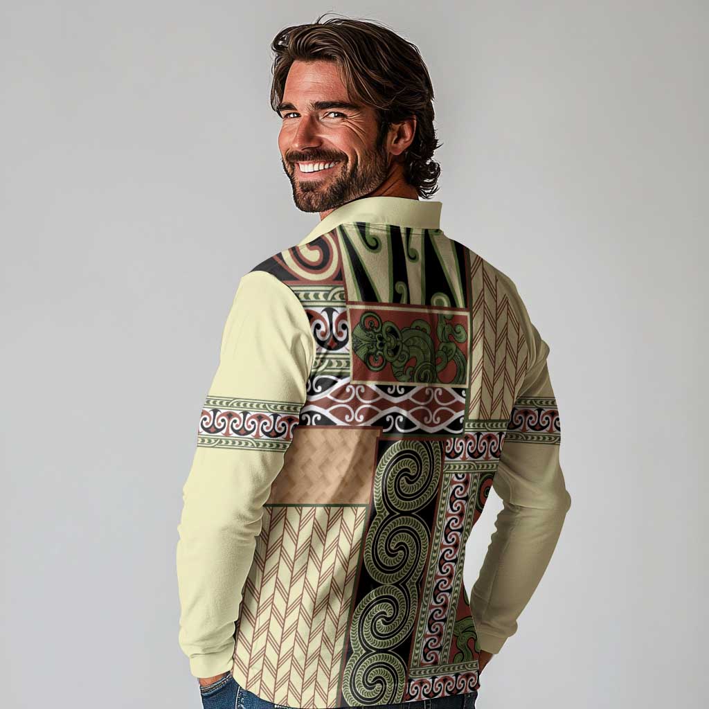 Beige Aotearoa Kowhaiwhai Pattern Long Sleeve Polo Shirt NZ Maori Quilt Style