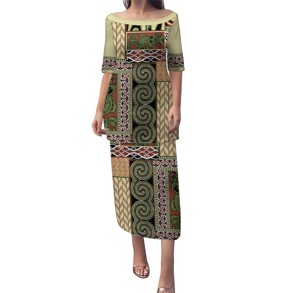 Beige Aotearoa Kowhaiwhai Pattern Puletasi NZ Maori Quilt Style LT14 Long Dress Beige - Polynesian Pride