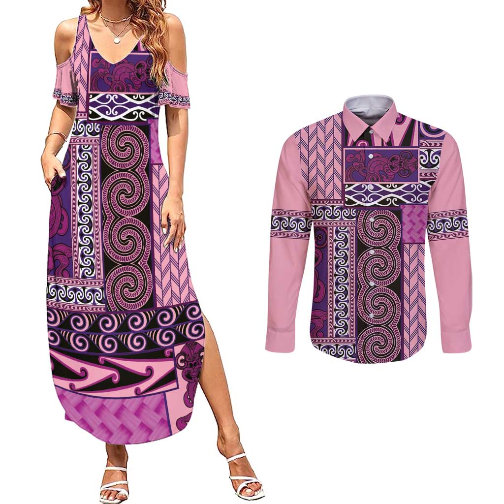 Pink Aotearoa Kowhaiwhai Pattern Couples Matching Summer Maxi Dress and Long Sleeve Button Shirt NZ Maori Quilt Style LT14 Pink - Polynesian Pride