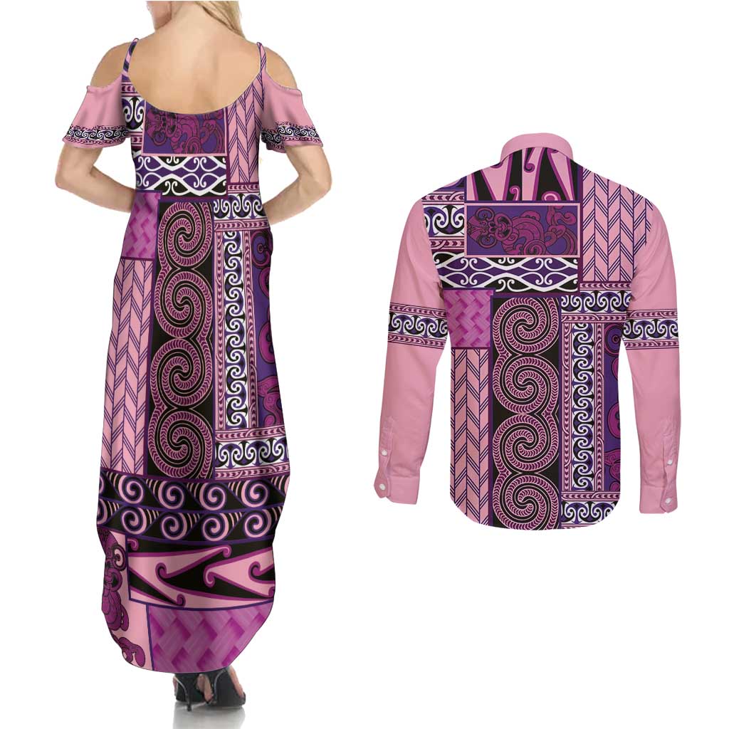 Pink Aotearoa Kowhaiwhai Pattern Couples Matching Summer Maxi Dress and Long Sleeve Button Shirt NZ Maori Quilt Style LT14 - Polynesian Pride