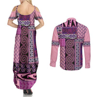 Pink Aotearoa Kowhaiwhai Pattern Couples Matching Summer Maxi Dress and Long Sleeve Button Shirt NZ Maori Quilt Style LT14 - Polynesian Pride