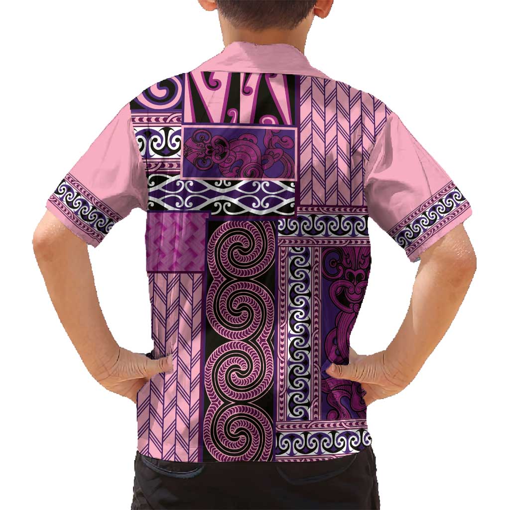 Pink Aotearoa Kowhaiwhai Pattern Family Matching Long Sleeve Bodycon Dress and Hawaiian Shirt NZ Maori Quilt Style LT14 - Polynesian Pride