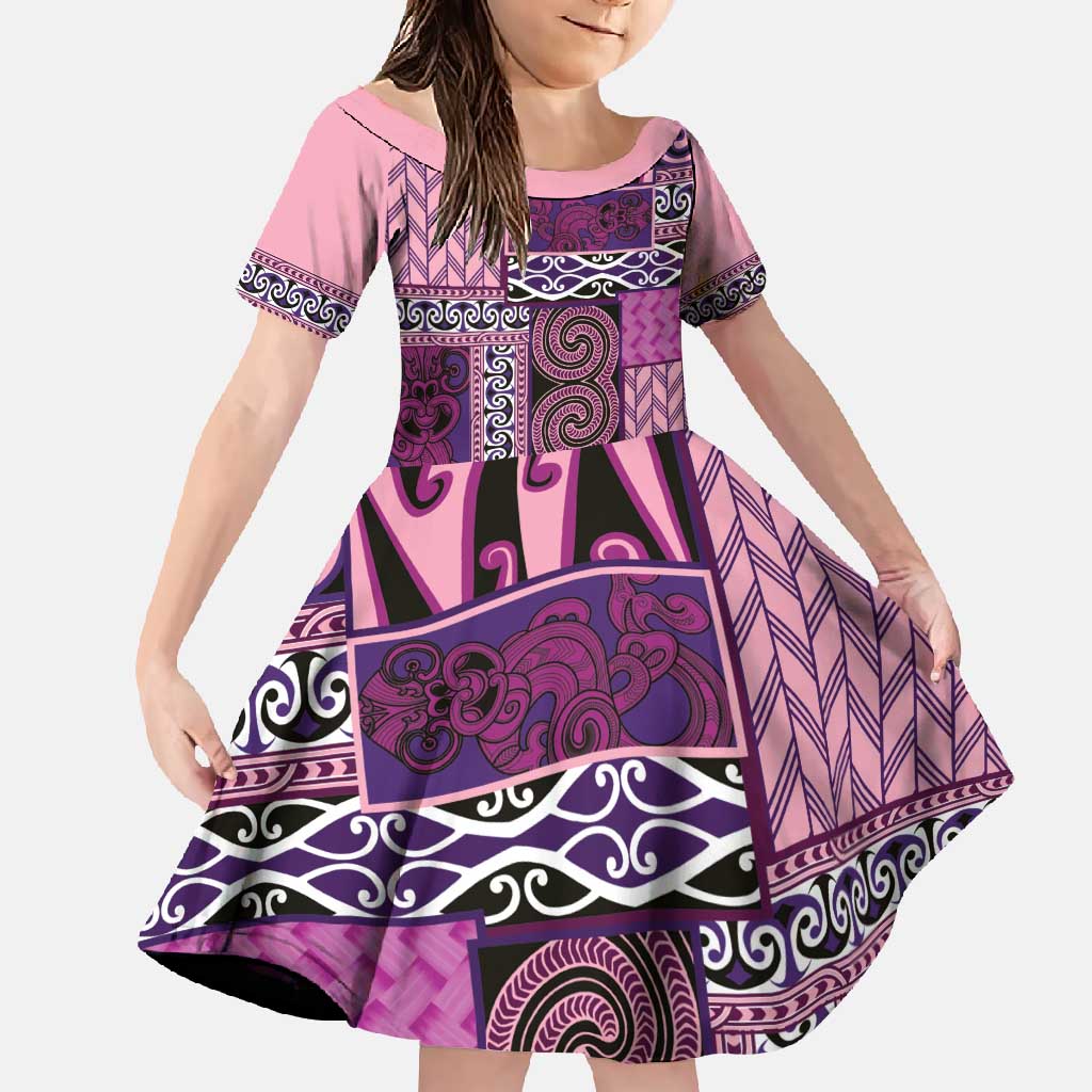 Pink Aotearoa Kowhaiwhai Pattern Family Matching Long Sleeve Bodycon Dress and Hawaiian Shirt NZ Maori Quilt Style LT14 Daughter's Dress Pink - Polynesian Pride