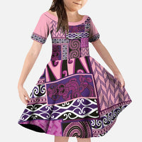 Pink Aotearoa Kowhaiwhai Pattern Family Matching Long Sleeve Bodycon Dress and Hawaiian Shirt NZ Maori Quilt Style LT14 Daughter's Dress Pink - Polynesian Pride