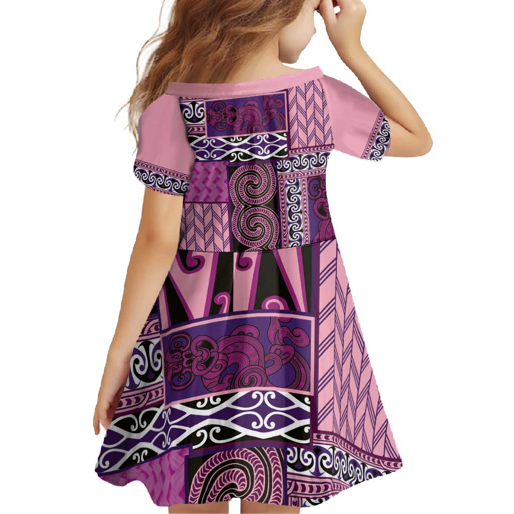 Pink Aotearoa Kowhaiwhai Pattern Family Matching Long Sleeve Bodycon Dress and Hawaiian Shirt NZ Maori Quilt Style LT14 - Polynesian Pride