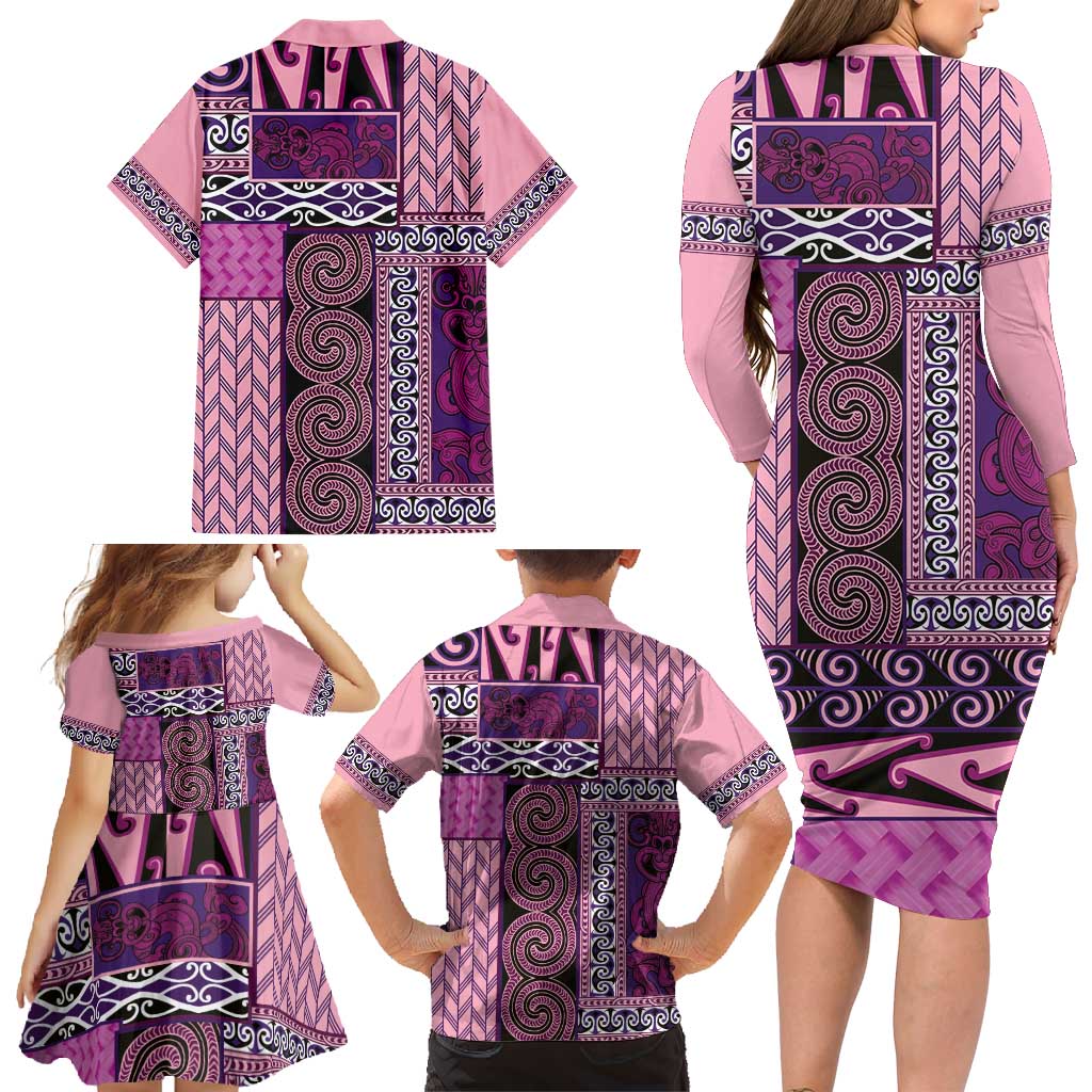 Pink Aotearoa Kowhaiwhai Pattern Family Matching Long Sleeve Bodycon Dress and Hawaiian Shirt NZ Maori Quilt Style LT14 - Polynesian Pride