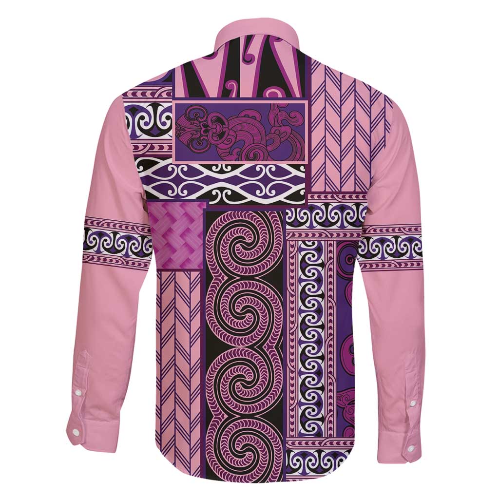 Pink Aotearoa Kowhaiwhai Pattern Family Matching Long Sleeve Bodycon Dress and Hawaiian Shirt NZ Maori Quilt Style LT14 - Polynesian Pride