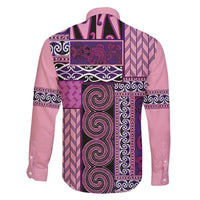 Pink Aotearoa Kowhaiwhai Pattern Family Matching Long Sleeve Bodycon Dress and Hawaiian Shirt NZ Maori Quilt Style LT14 - Polynesian Pride