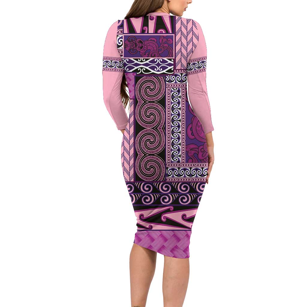 Pink Aotearoa Kowhaiwhai Pattern Family Matching Long Sleeve Bodycon Dress and Hawaiian Shirt NZ Maori Quilt Style LT14 - Polynesian Pride