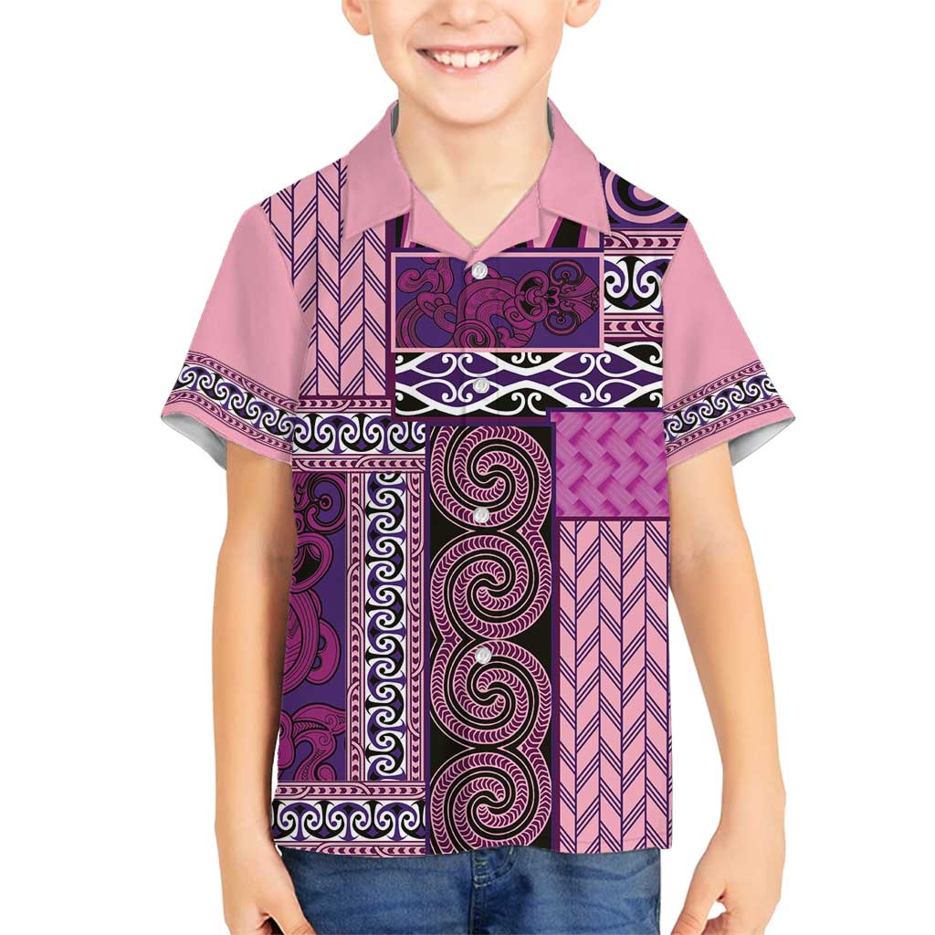 Pink Aotearoa Kowhaiwhai Pattern Family Matching Long Sleeve Bodycon Dress and Hawaiian Shirt NZ Maori Quilt Style LT14 Son's Shirt Pink - Polynesian Pride