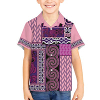 Pink Aotearoa Kowhaiwhai Pattern Family Matching Long Sleeve Bodycon Dress and Hawaiian Shirt NZ Maori Quilt Style LT14 Son's Shirt Pink - Polynesian Pride