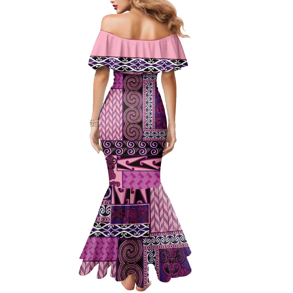 Pink Aotearoa Kowhaiwhai Pattern Family Matching Mermaid Dress and Hawaiian Shirt NZ Maori Quilt Style