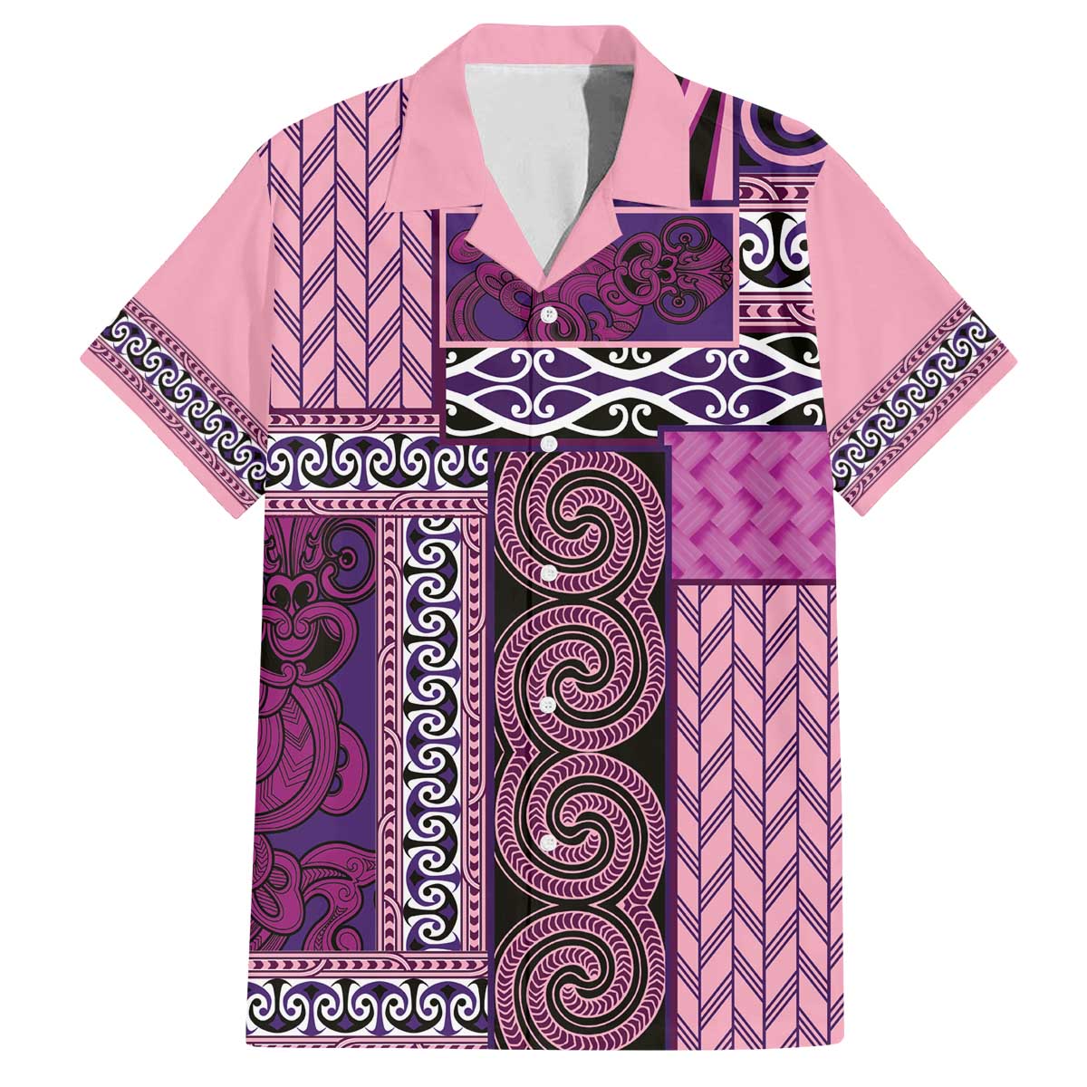 Pink Aotearoa Kowhaiwhai Pattern Family Matching Off The Shoulder Long Sleeve Dress and Hawaiian Shirt NZ Maori Quilt Style