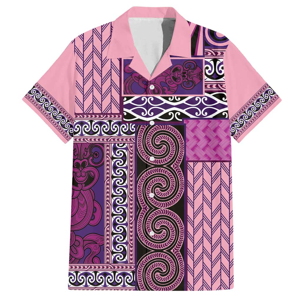 Pink Aotearoa Kowhaiwhai Pattern Family Matching Off Shoulder Maxi Dress and Hawaiian Shirt NZ Maori Quilt Style
