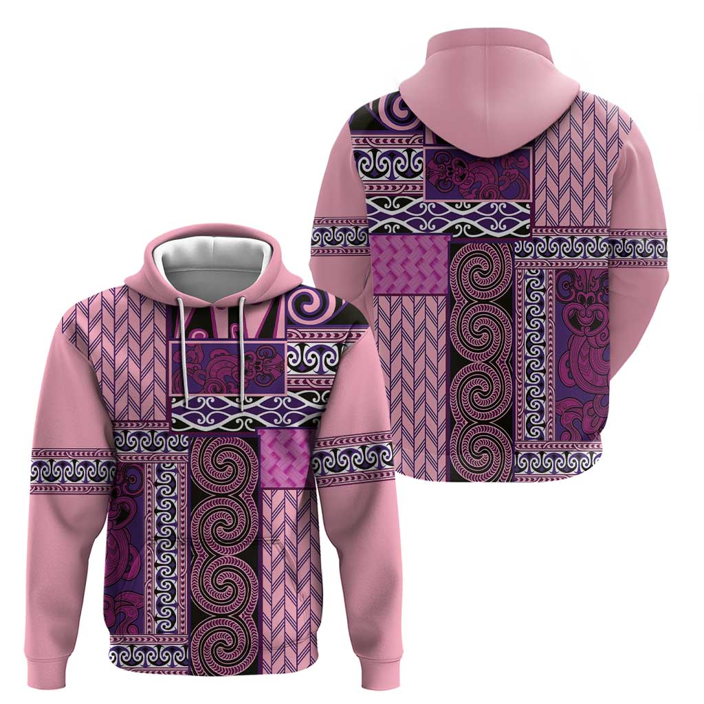 Pink Aotearoa Kowhaiwhai Pattern Hoodie NZ Maori Quilt Style