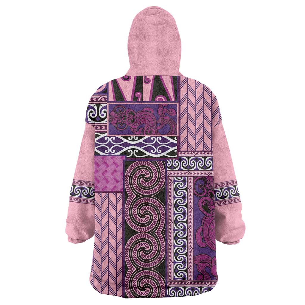 Pink Aotearoa Kowhaiwhai Pattern Wearable Blanket Hoodie NZ Maori Quilt Style