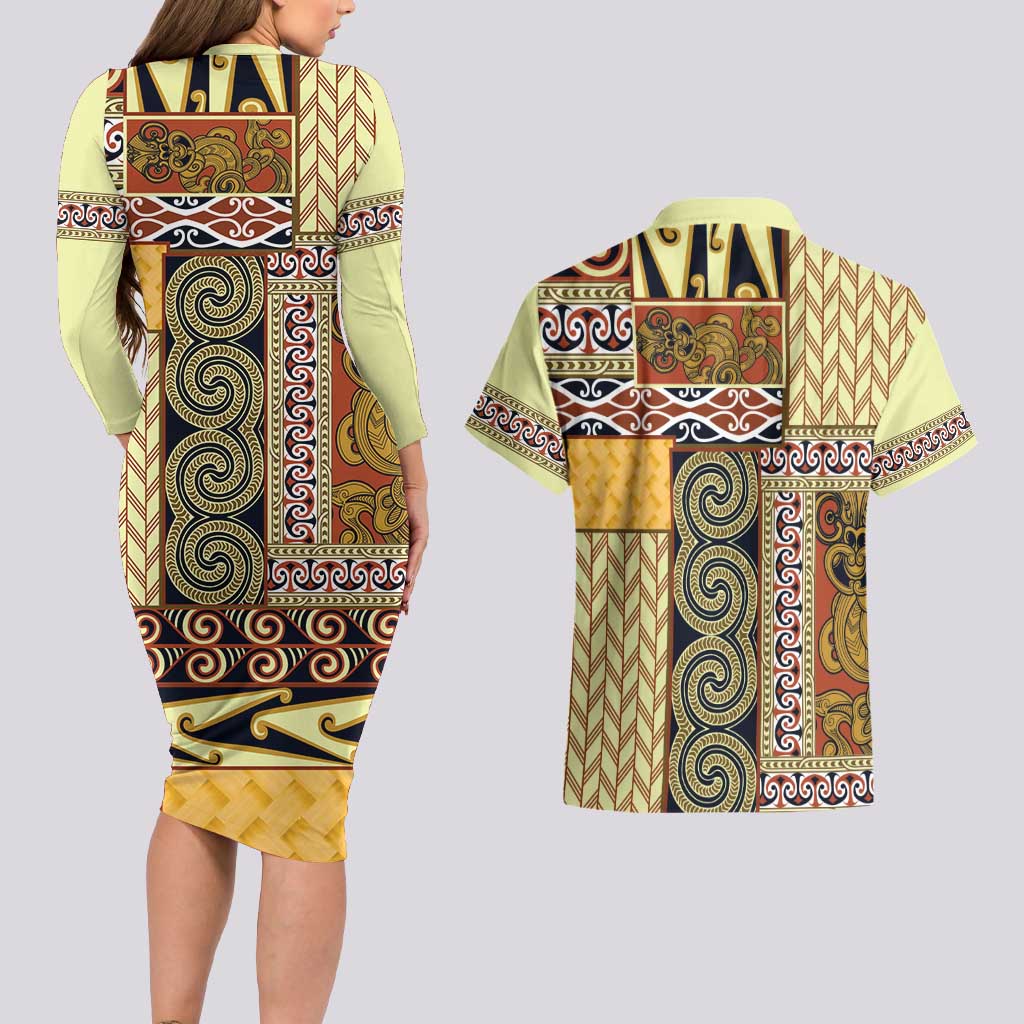 Yellow Aotearoa Kowhaiwhai Pattern Couples Matching Long Sleeve Bodycon Dress and Hawaiian Shirt NZ Maori Quilt Style