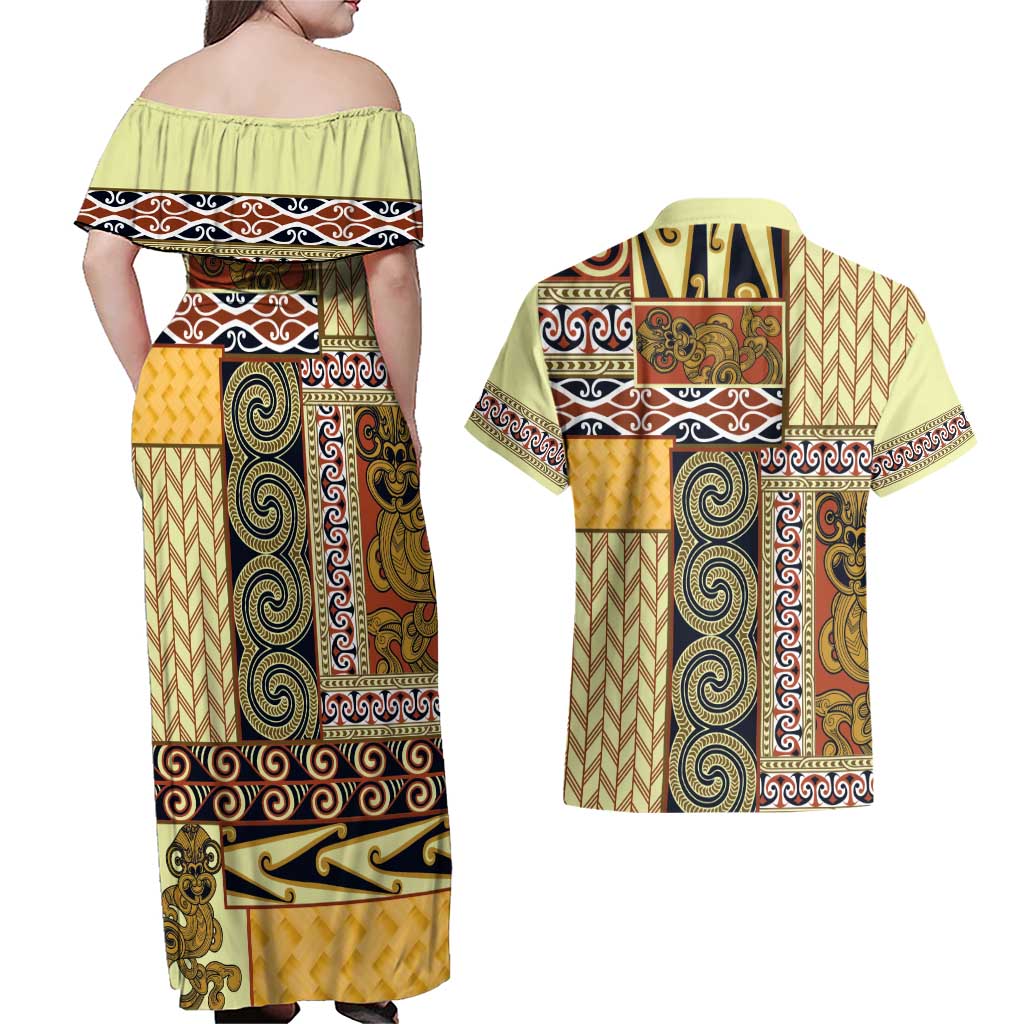 Yellow Aotearoa Kowhaiwhai Pattern Couples Matching Off Shoulder Maxi Dress and Hawaiian Shirt NZ Maori Quilt Style