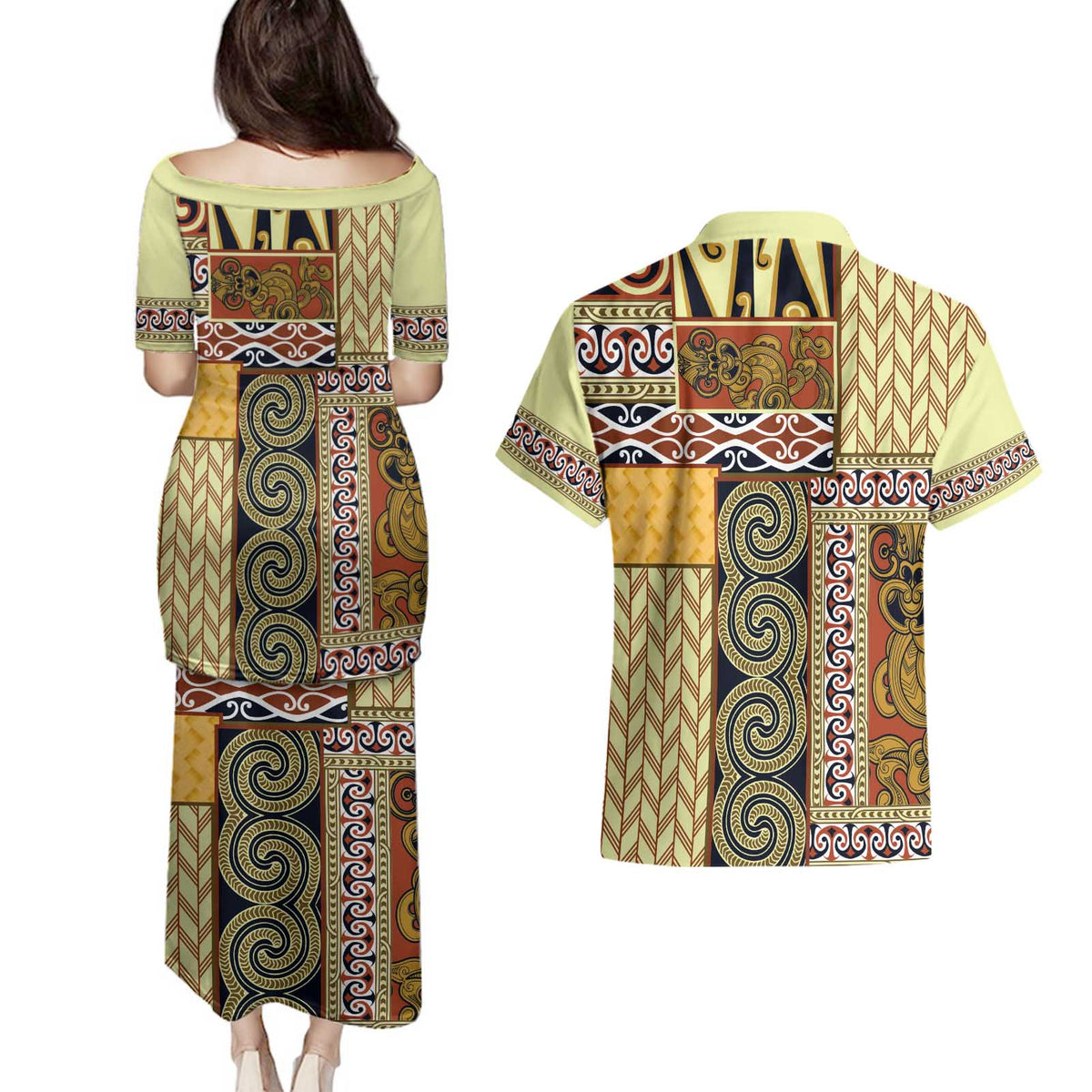Yellow Aotearoa Kowhaiwhai Pattern Couples Matching Puletasi and Hawaiian Shirt NZ Maori Quilt Style