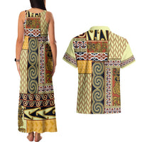 Yellow Aotearoa Kowhaiwhai Pattern Couples Matching Tank Maxi Dress and Hawaiian Shirt NZ Maori Quilt Style