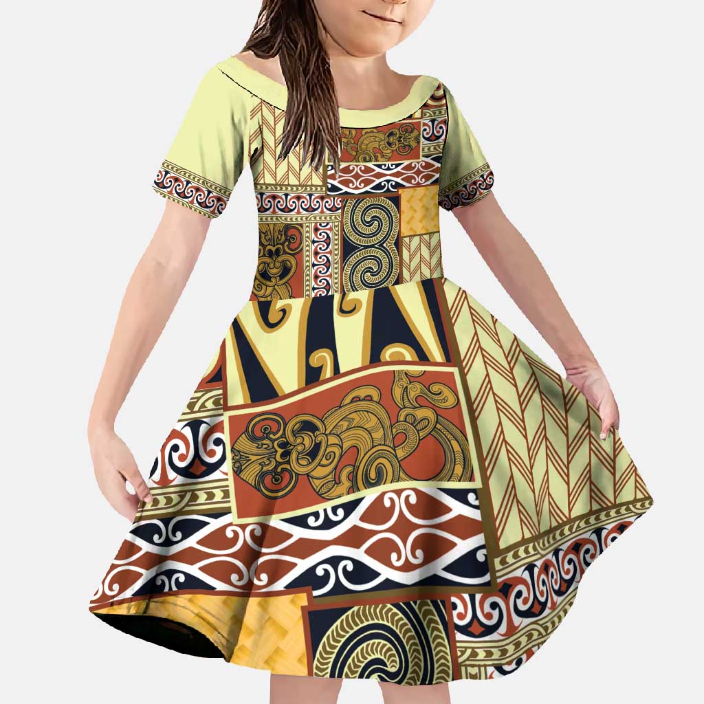 Yellow Aotearoa Kowhaiwhai Pattern Family Matching Long Sleeve Bodycon Dress and Hawaiian Shirt NZ Maori Quilt Style LT14 Daughter's Dress Yellow - Polynesian Pride