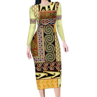 Yellow Aotearoa Kowhaiwhai Pattern Family Matching Long Sleeve Bodycon Dress and Hawaiian Shirt NZ Maori Quilt Style LT14 Mom's Dress Yellow - Polynesian Pride