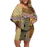 Yellow Aotearoa Kowhaiwhai Pattern Family Matching Off Shoulder Short Dress and Hawaiian Shirt NZ Maori Quilt Style