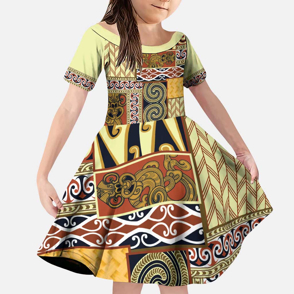 Yellow Aotearoa Kowhaiwhai Pattern Family Matching Puletasi and Hawaiian Shirt NZ Maori Quilt Style LT14 Daughter's Dress Yellow - Polynesian Pride