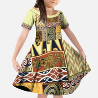 Yellow Aotearoa Kowhaiwhai Pattern Family Matching Puletasi and Hawaiian Shirt NZ Maori Quilt Style LT14 Daughter's Dress Yellow - Polynesian Pride