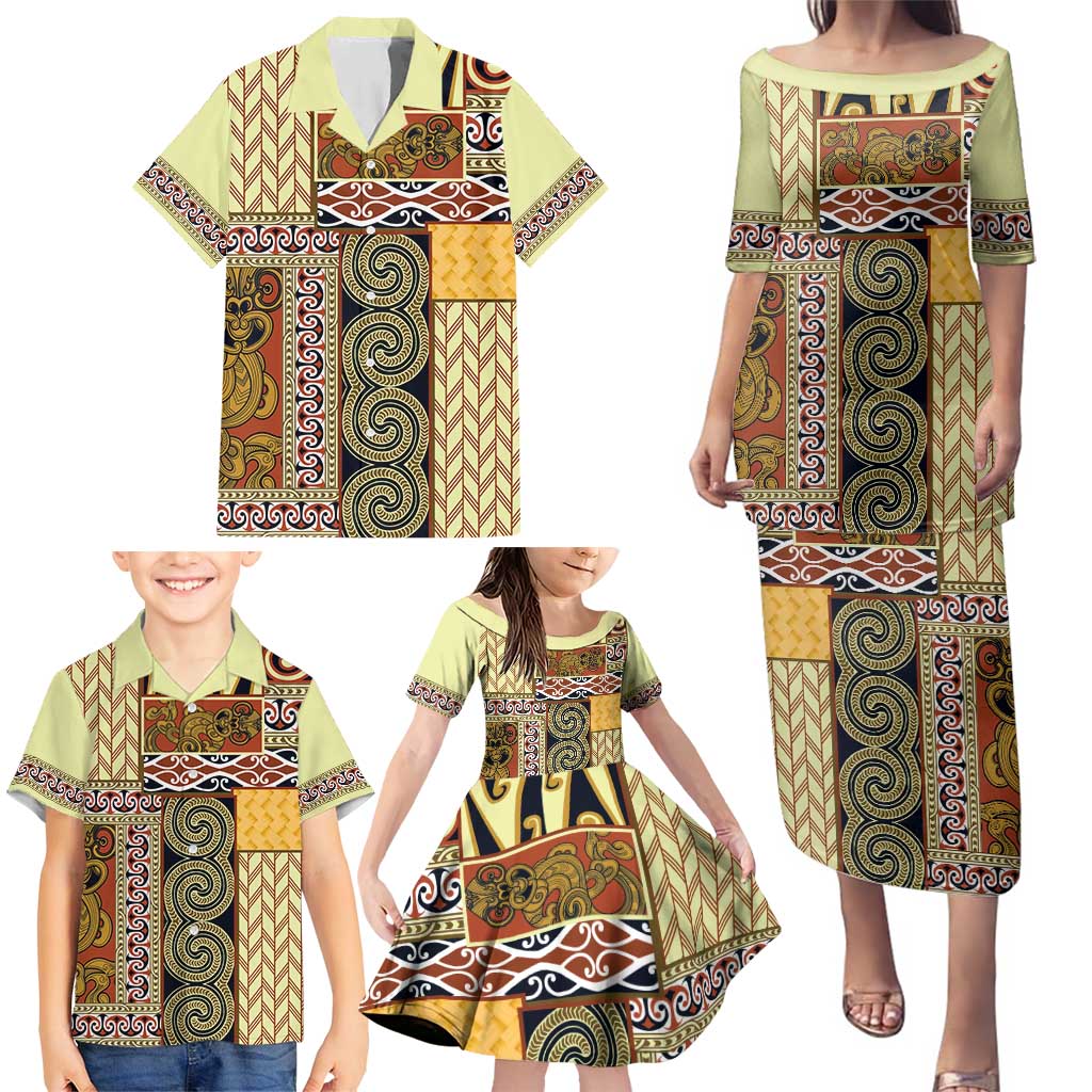 Yellow Aotearoa Kowhaiwhai Pattern Family Matching Puletasi and Hawaiian Shirt NZ Maori Quilt Style LT14 - Polynesian Pride