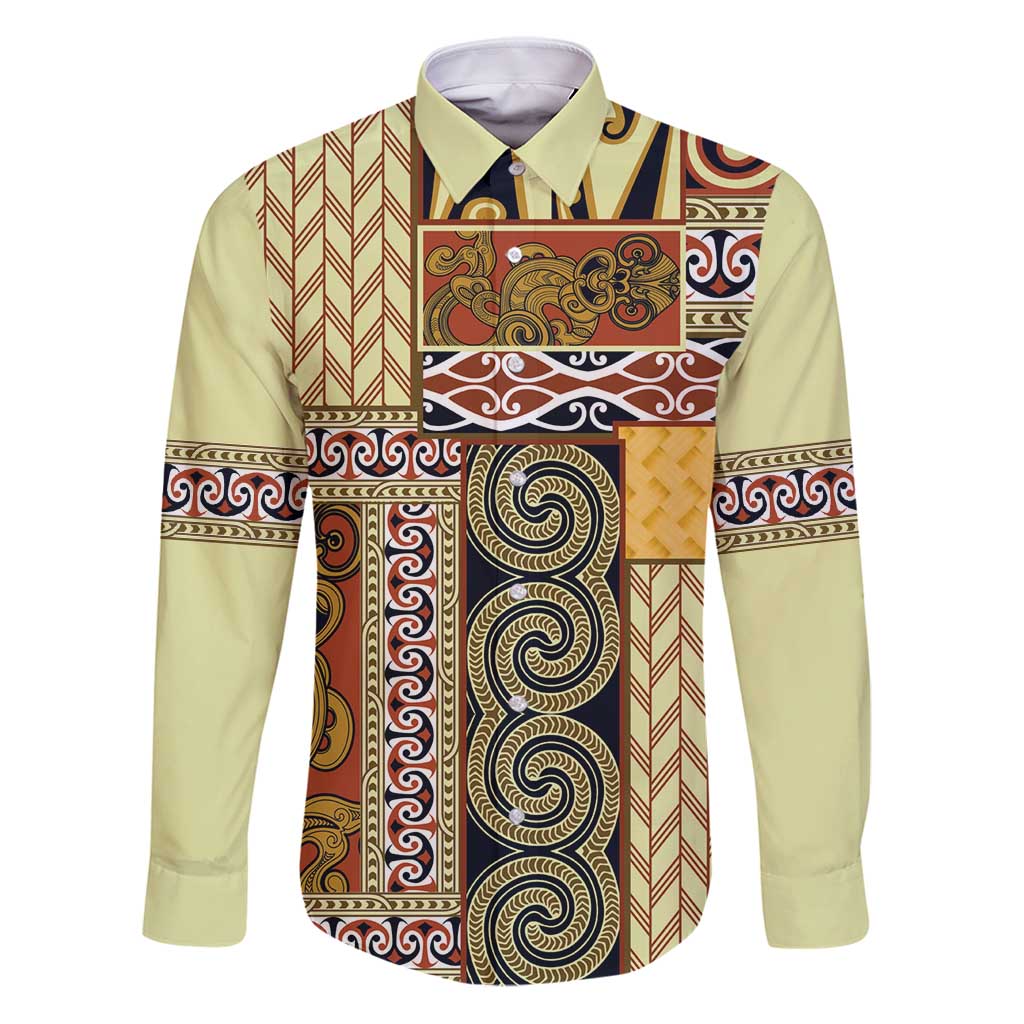 Yellow Aotearoa Kowhaiwhai Pattern Family Matching Puletasi and Hawaiian Shirt NZ Maori Quilt Style LT14 Dad's Shirt - Long Sleeve Yellow - Polynesian Pride