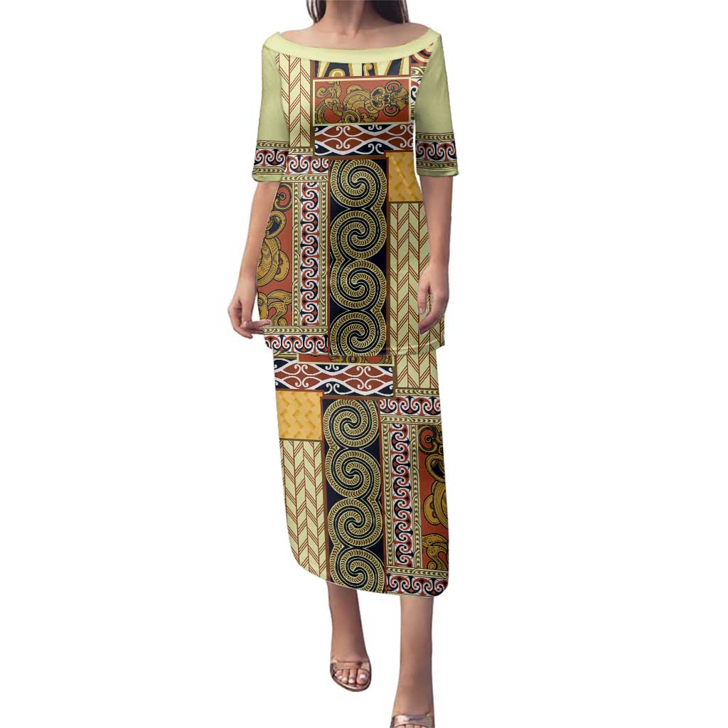 Yellow Aotearoa Kowhaiwhai Pattern Family Matching Puletasi and Hawaiian Shirt NZ Maori Quilt Style LT14 Mom's Dress Yellow - Polynesian Pride
