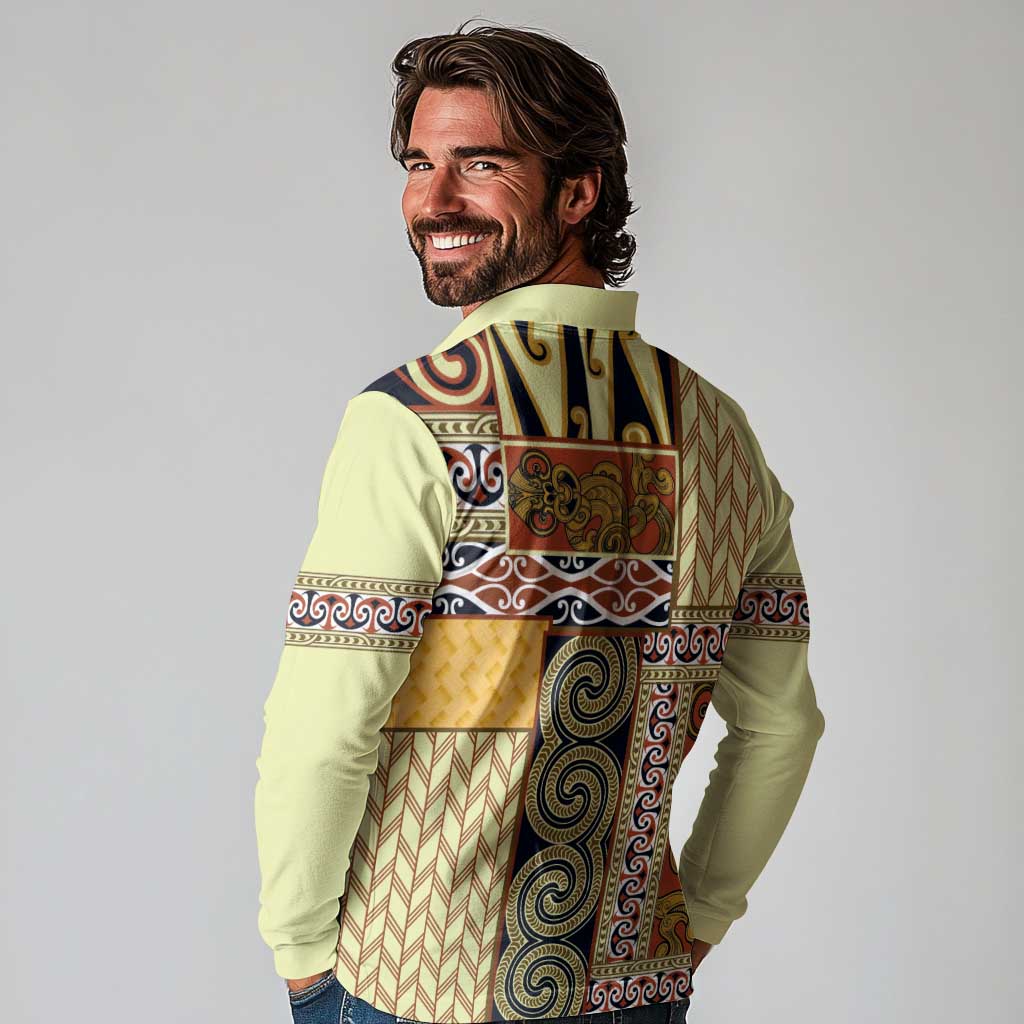 Yellow Aotearoa Kowhaiwhai Pattern Long Sleeve Polo Shirt NZ Maori Quilt Style