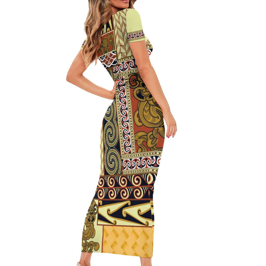 Yellow Aotearoa Kowhaiwhai Pattern Short Sleeve Bodycon Dress NZ Maori Quilt Style