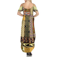 Yellow Aotearoa Kowhaiwhai Pattern Summer Maxi Dress NZ Maori Quilt Style