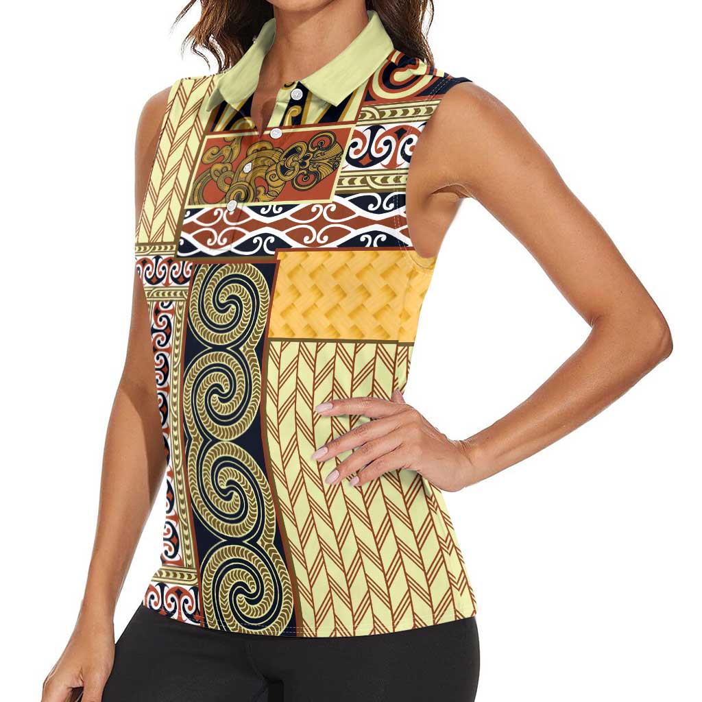 Yellow Aotearoa Kowhaiwhai Pattern Women Sleeveless Polo Shirt NZ Maori Quilt Style