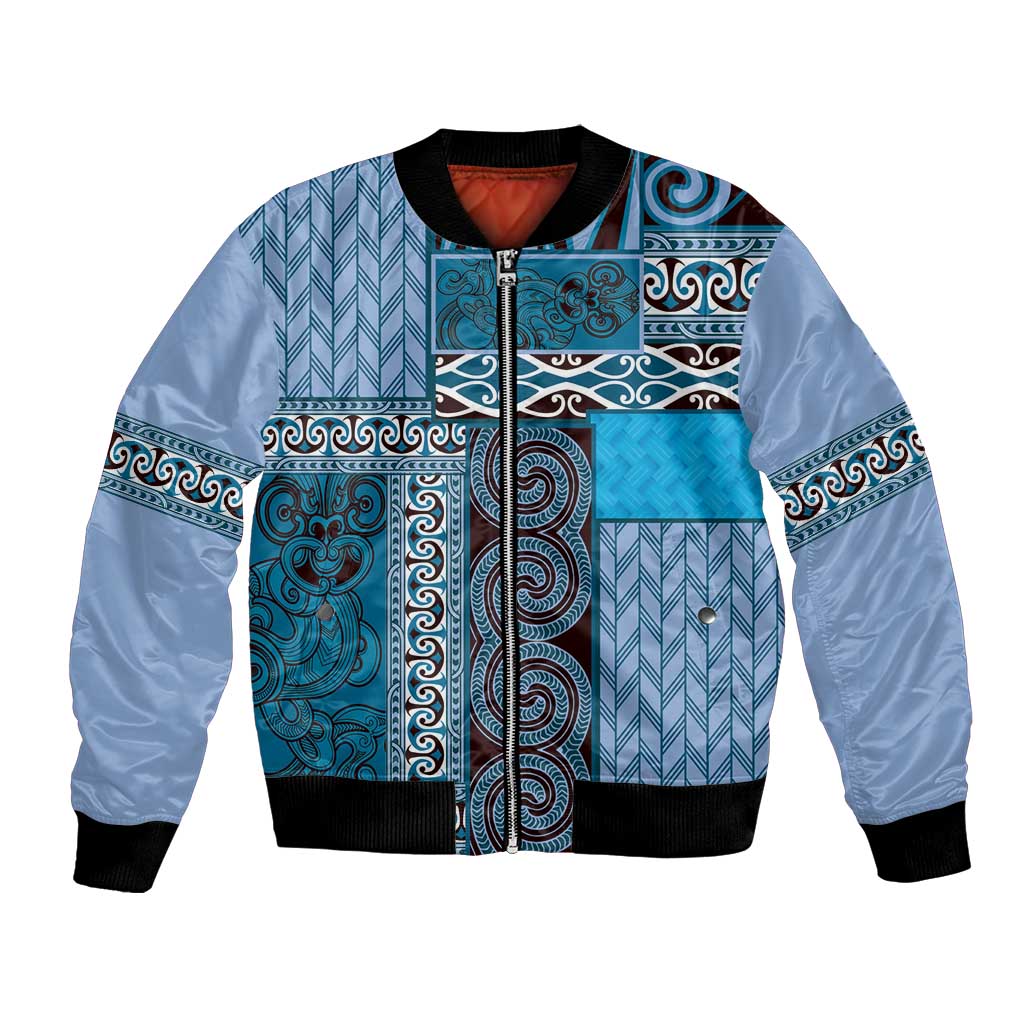 Blue Aotearoa Kowhaiwhai Pattern Bomber Jacket NZ Maori Quilt Style LT14 Unisex Blue - Polynesian Pride
