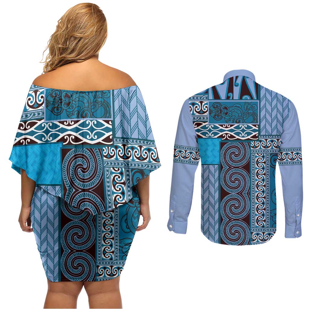 Blue Aotearoa Kowhaiwhai Pattern Couples Matching Off Shoulder Short Dress and Long Sleeve Button Shirt NZ Maori Quilt Style LT14 - Polynesian Pride