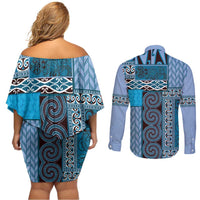 Blue Aotearoa Kowhaiwhai Pattern Couples Matching Off Shoulder Short Dress and Long Sleeve Button Shirt NZ Maori Quilt Style LT14 - Polynesian Pride