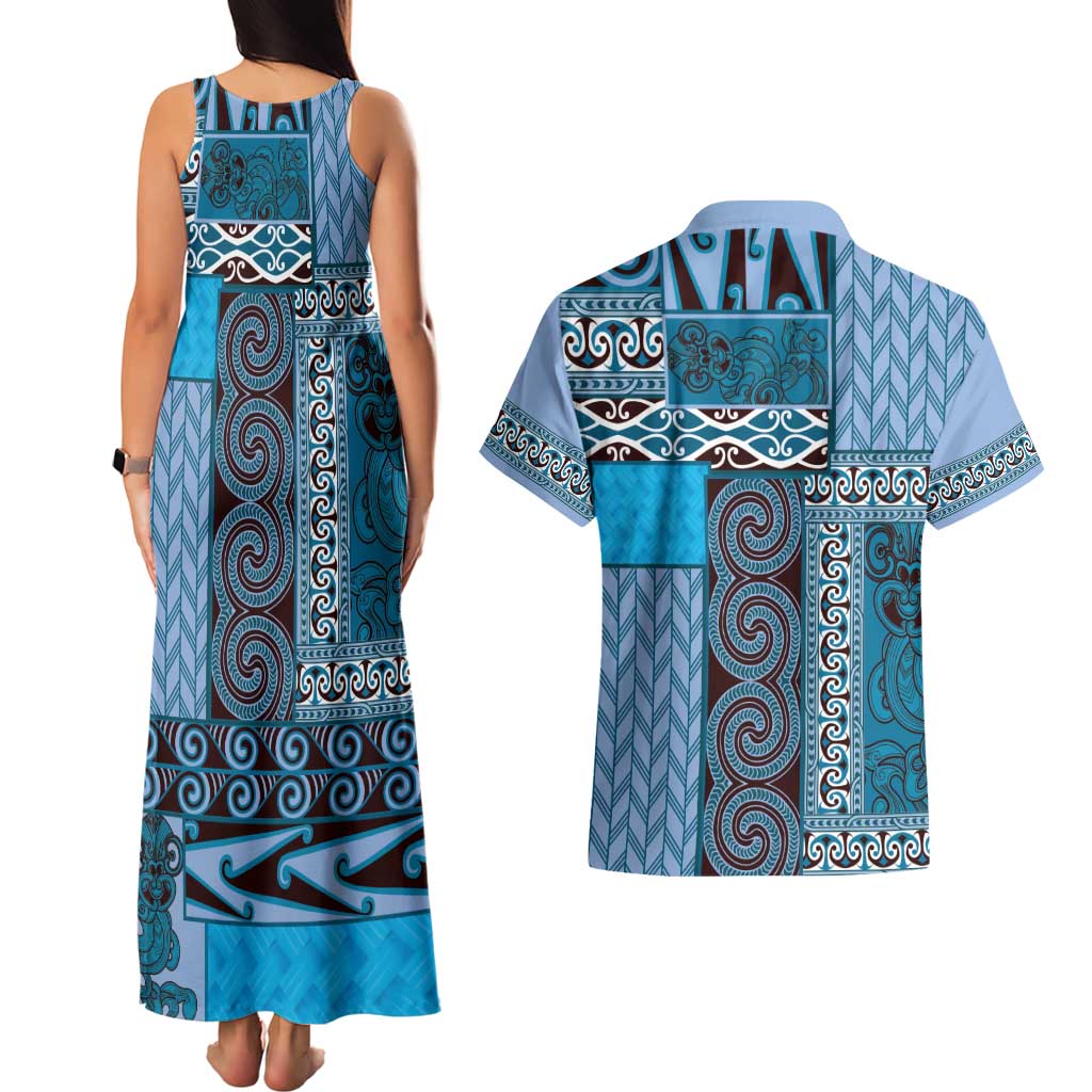 Blue Aotearoa Kowhaiwhai Pattern Couples Matching Tank Maxi Dress and Hawaiian Shirt NZ Maori Quilt Style