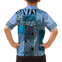 Blue Aotearoa Kowhaiwhai Pattern Family Matching Long Sleeve Bodycon Dress and Hawaiian Shirt NZ Maori Quilt Style LT14 - Polynesian Pride