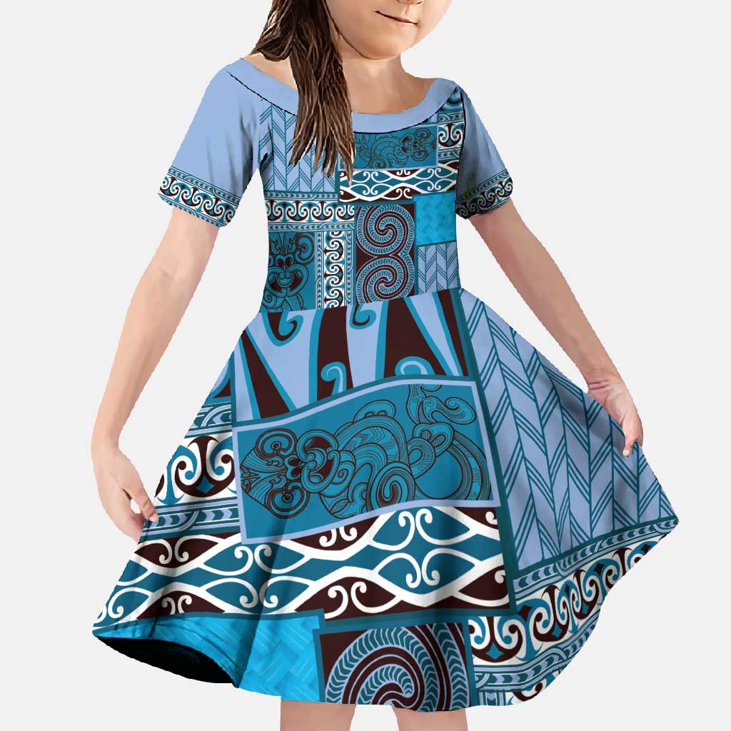 Blue Aotearoa Kowhaiwhai Pattern Family Matching Long Sleeve Bodycon Dress and Hawaiian Shirt NZ Maori Quilt Style LT14 Daughter's Dress Blue - Polynesian Pride