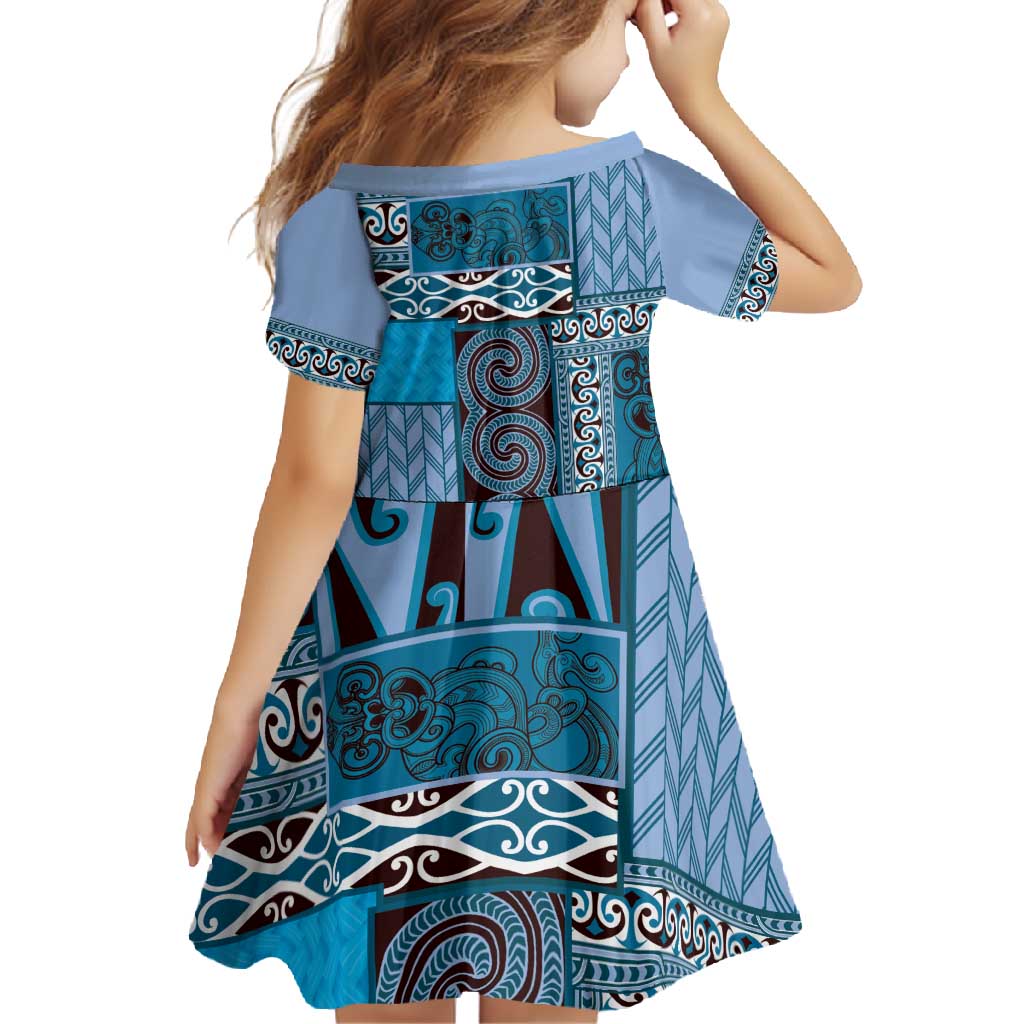 Blue Aotearoa Kowhaiwhai Pattern Family Matching Long Sleeve Bodycon Dress and Hawaiian Shirt NZ Maori Quilt Style LT14 - Polynesian Pride