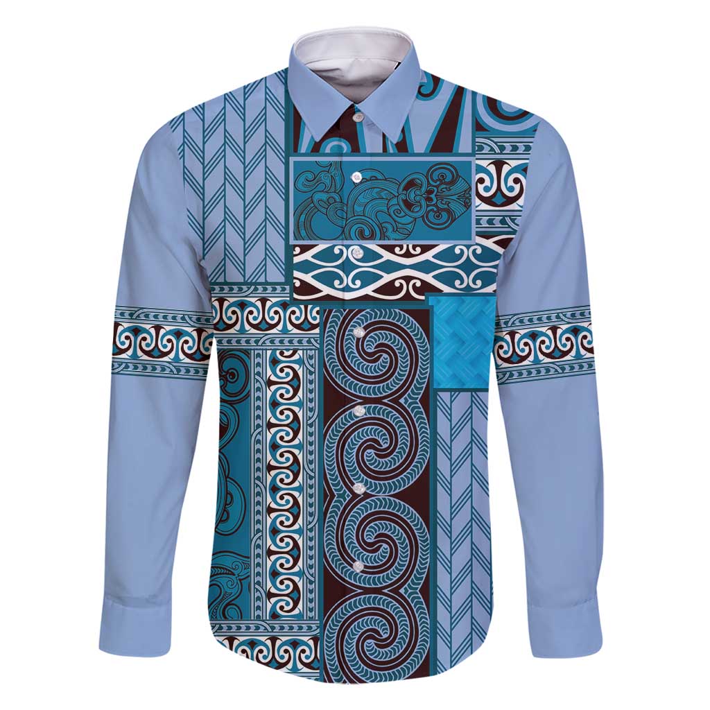 Blue Aotearoa Kowhaiwhai Pattern Family Matching Long Sleeve Bodycon Dress and Hawaiian Shirt NZ Maori Quilt Style LT14 Dad's Shirt - Long Sleeve Blue - Polynesian Pride