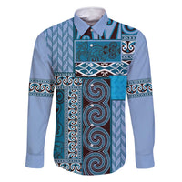Blue Aotearoa Kowhaiwhai Pattern Family Matching Long Sleeve Bodycon Dress and Hawaiian Shirt NZ Maori Quilt Style LT14 Dad's Shirt - Long Sleeve Blue - Polynesian Pride