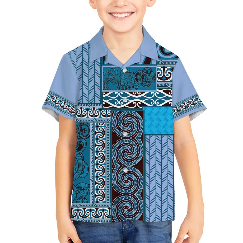 Blue Aotearoa Kowhaiwhai Pattern Family Matching Long Sleeve Bodycon Dress and Hawaiian Shirt NZ Maori Quilt Style LT14 Son's Shirt Blue - Polynesian Pride
