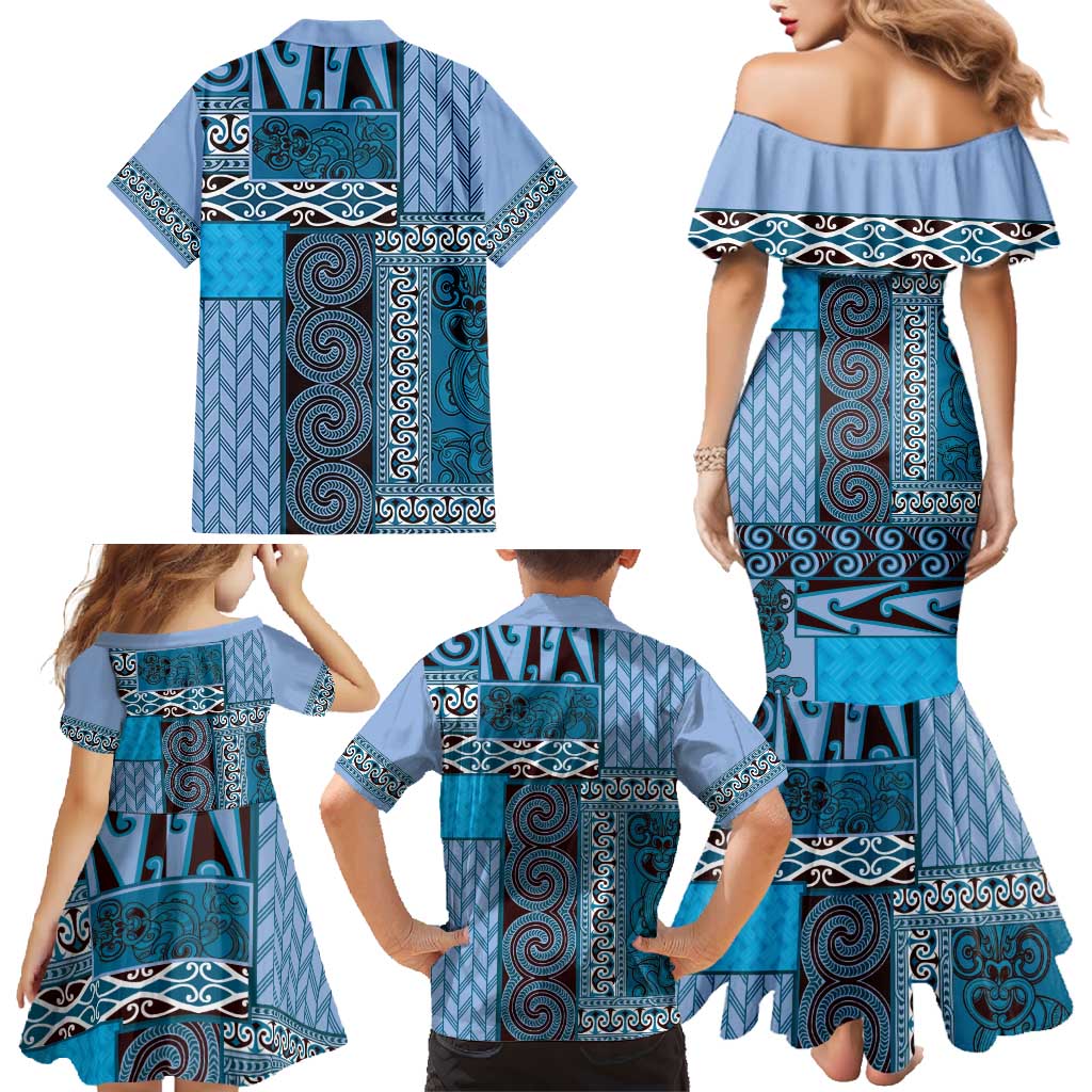 Blue Aotearoa Kowhaiwhai Pattern Family Matching Mermaid Dress and Hawaiian Shirt NZ Maori Quilt Style